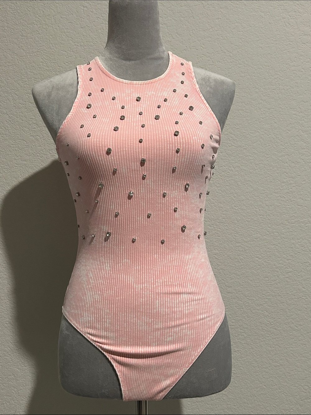 Forever 21 Pink Ribbed Rhinestone Tank Bodysuit